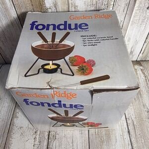 Garden Ridge 7 Piece Fondue Set Ceramic Bowl 4 Forks Wire Stand Tealight Brown